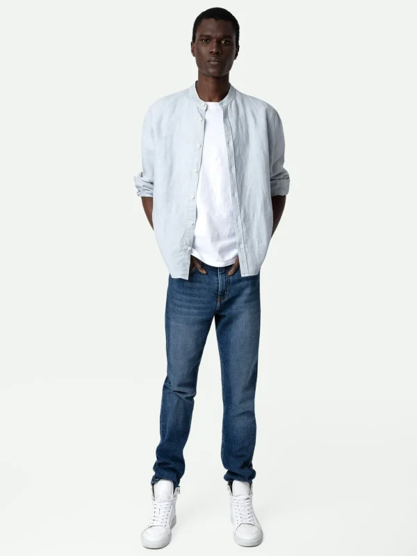 Zadig&Voltaire Stan Linen Band Collar Shirt Ciel Fashion