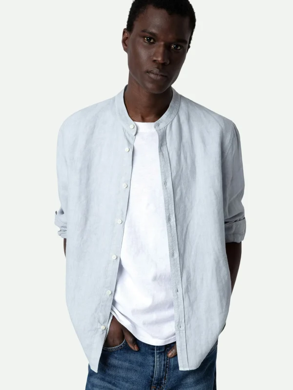 Zadig&Voltaire Stan Linen Band Collar Shirt Ciel Fashion